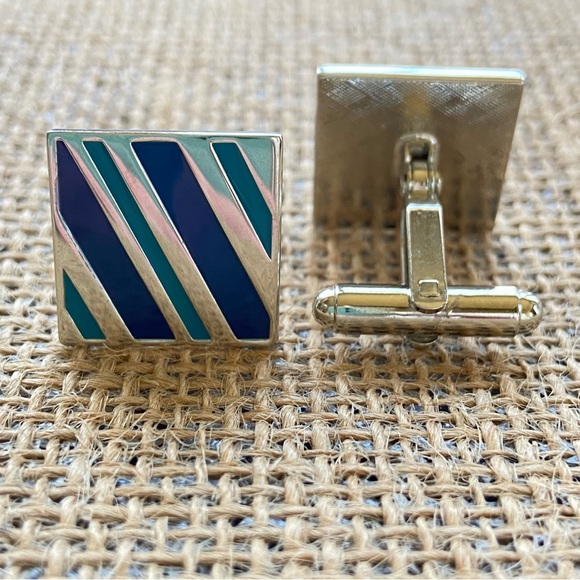 None Other - Square cuff links in silvertone with navy blue and teal enamel diagonal stripes